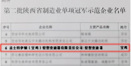 法士特伊顿（宝鸡）公司获陕西省“制造业单项冠军示范企业”称号