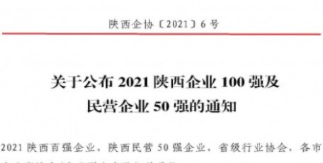 2021陕西100强企业、陕西民营50强企业及2012-2021连续十年入围陕西100强企业名单
